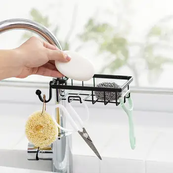 

Kitchen Sink Cloth Sponges Draining Dish Holder with 2 Hooks Caddy Organizer Bathroom Faucet Rack Iron Storage Rack Shelf