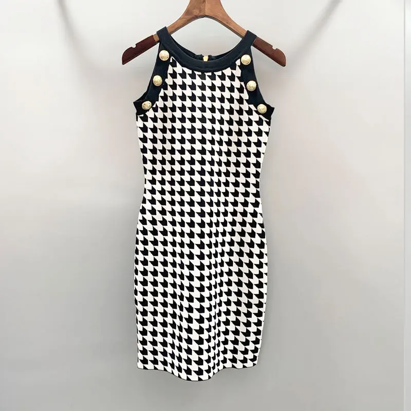 

2020 Spring And Summer New Style Waist Hugging Slimming Sheath Dress Sleeveless Vest Thousands of Birds Dress Button Mini Skirt