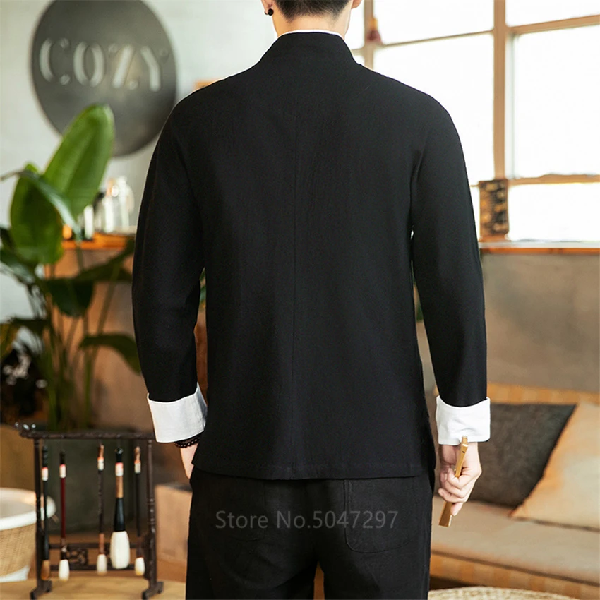 New Year Traditional Chinese Top for Men Embroidery Long Sleeve Solid Flax Hanfu Kung Fu Men Clothing Shirt Plus Size M-5XL