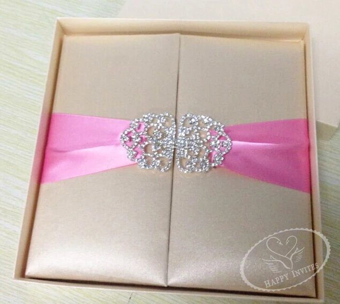 HI2003-29 Custom Silk Folder Wedding Invitation in Nude Color with Pink Ribbon and Silver Brooch More Colors Available