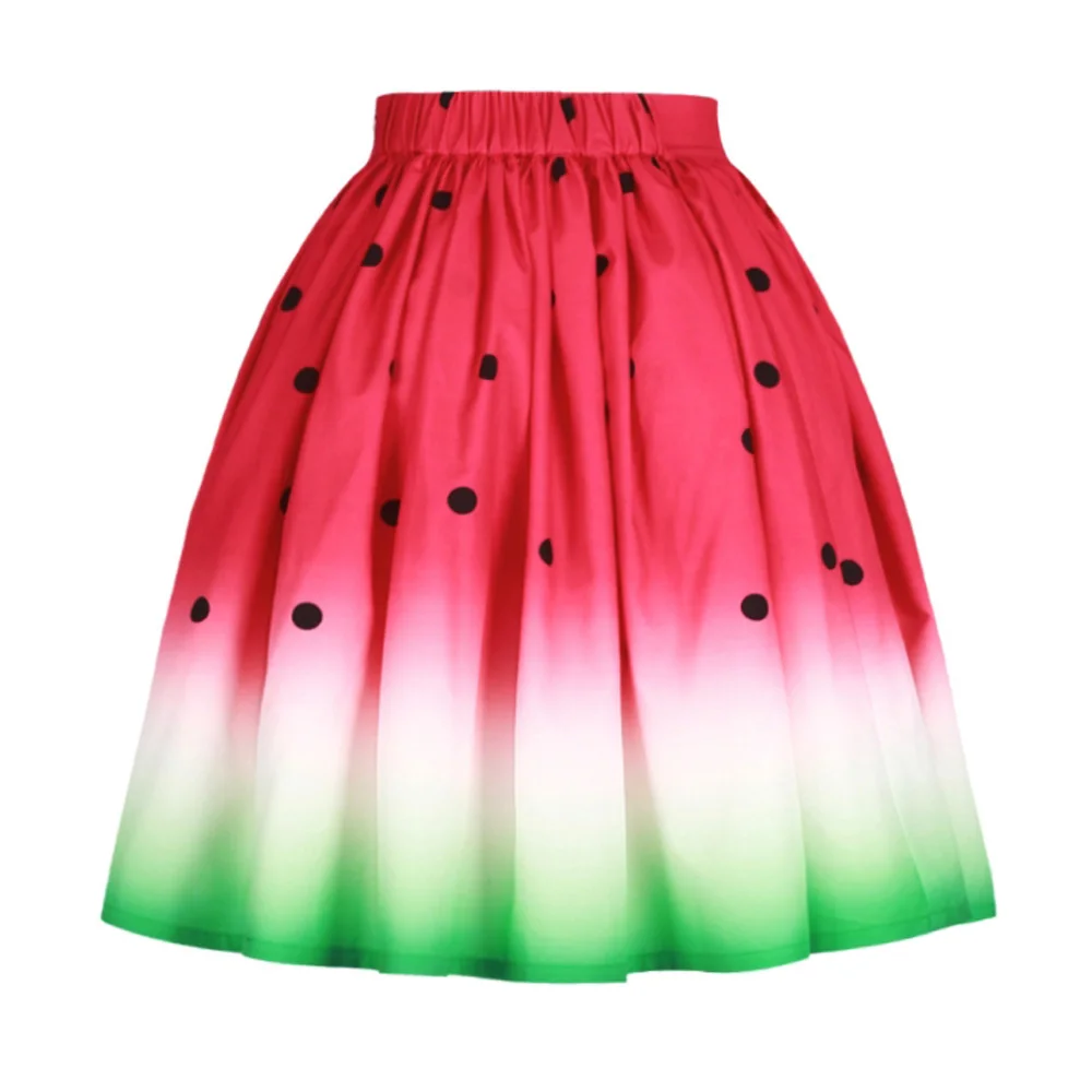 Летние повседневные юбки женские с высокой талией плиссированные 3D горошек печати Свободные Ретро Винтажные офисные женские миди юбка куртка Femme - Цвет: Watermelon Skirt