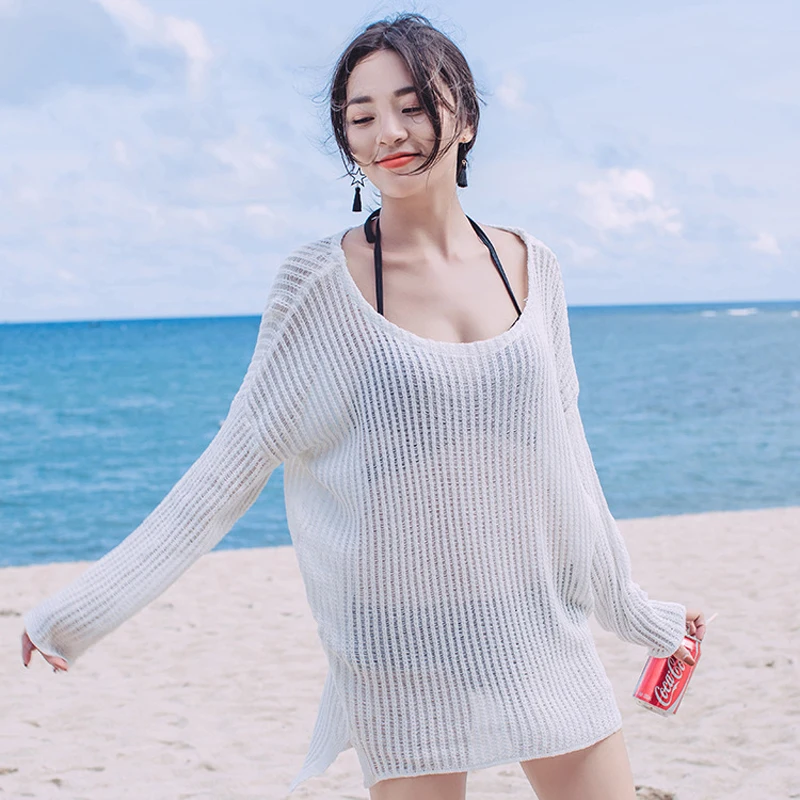 

Summer Beach Dress Long Sleeve Lace Hollow Crochet Bikini Cover Up Beach Women Tops Swimwear White Black Bathing Suit Coverups
