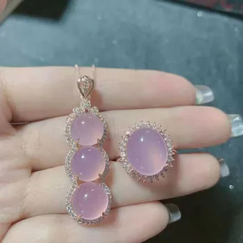 

Genuine agate jade inlaid with 925 silver two piece suit adjustable ring pendant