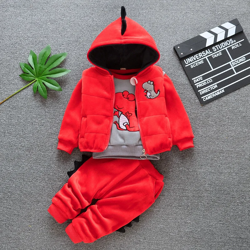 Children Plus Velvet Thickening Clothes Suit Winter Baby Boy Girl Cartoon Dinosaur Vest T Shirt Pants 3 Pcs/set Kids Tracksuits