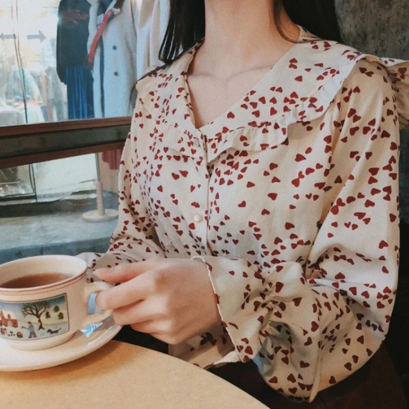 

Love It! Sweet Red Hearts Print Blouse Ruched Hem Kawaii Girl Retro Shirt Women Top Spring Chemise Femme Chemisier Blusa Mujer