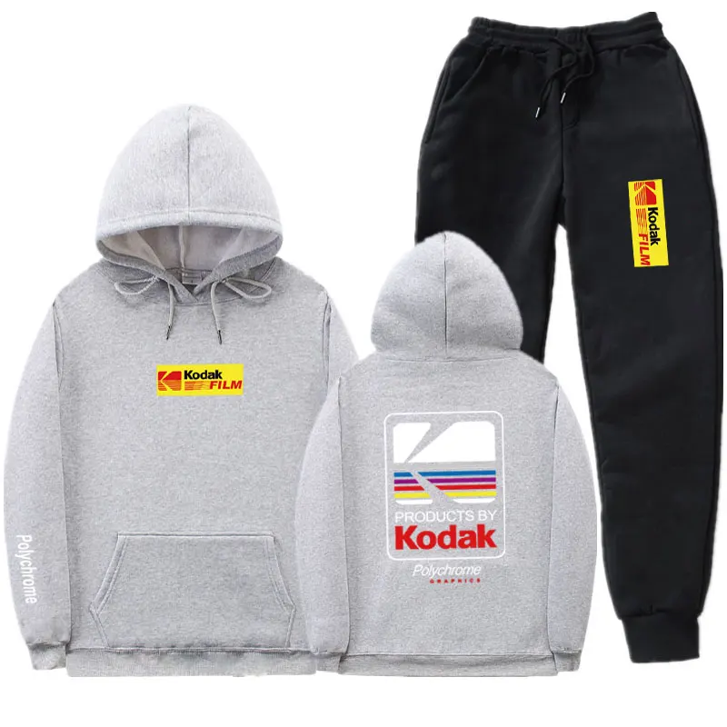 Японская уличная одежда с капюшоном, комплект, спортивный костюм для мужчин, термальная спортивная одежда, комплекты Kodak, толстовки и штаны, Повседневная Толстовка, спортивный костюм - Цвет: Gray MK098