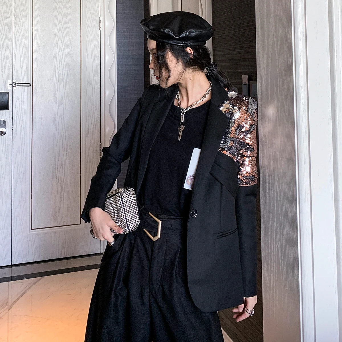 Getвесенний Женский блейзер на одной пуговице с длинным рукавом, женский черный блейзер, пальто с блестками, асимметричный женский тонкий пиджак