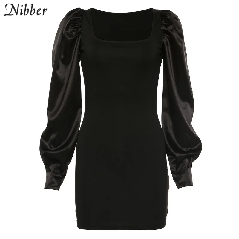 Nibber, Осеннее, элегантное, офисное, женское, черное, облегающее, мини платье, французская романтика, уличное, повседневное, вечернее платье, mujer, платье с длинным рукавом - Цвет: Черный