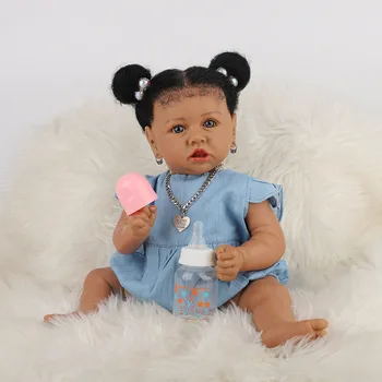 58cm Realistic Reborn Baby Girl Black African American Saskia Simulation Full Body Soft Silicone Doll 22inch Boneca Toy Toddler 1