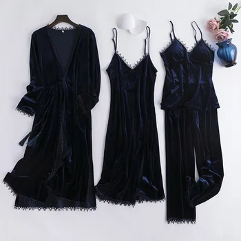 

Casual Home Clothes Sexy 4PCS Women Nightwear Autumn Strap Sleepwear Nighty&Robe Suit Pajamas Set Velour Long Sleeve Homewear