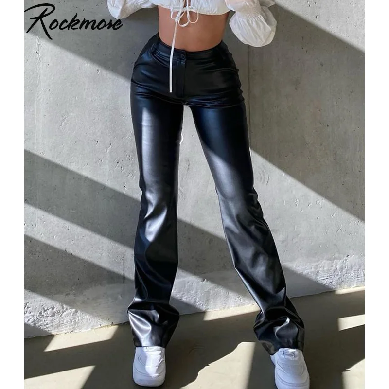 

Rockmore Pu Leather Stretch Pants Black High Waist Fleece Straight Pant Wide Leg Trousers Women Pockets Goth 2020 Autumn Winter