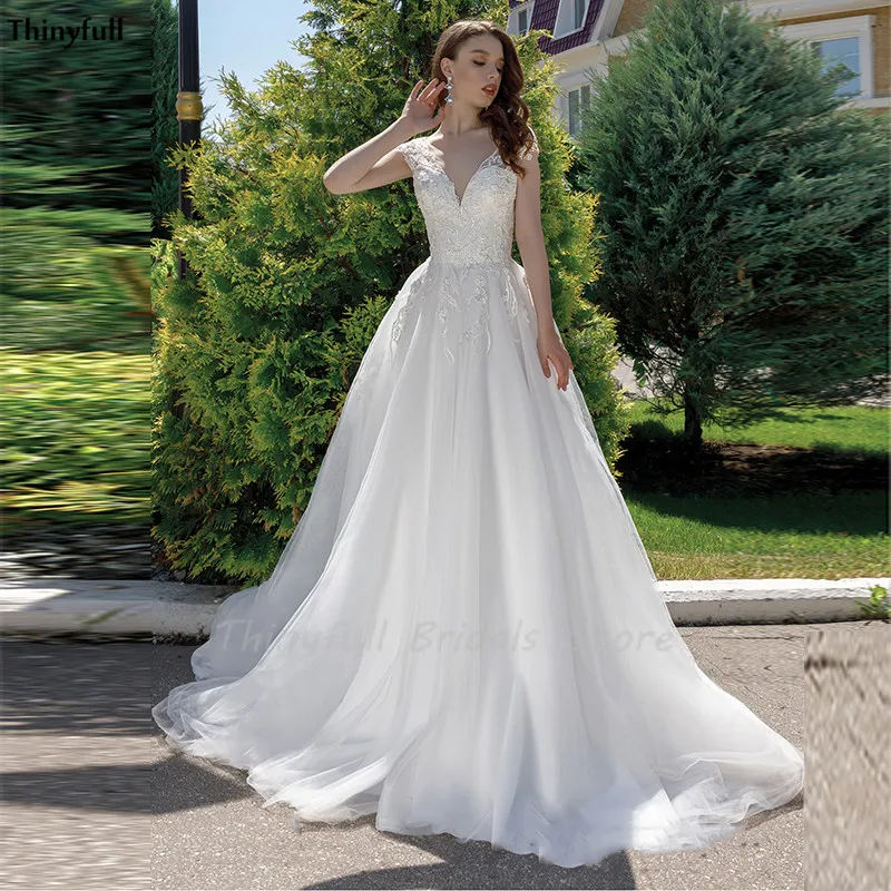 

Thinyfull New White Wedding Dresses 2021 Lace Appliques V-Neck Corset Back Country A-Line Boho Bridal Gowns Robe Mariage Dresses