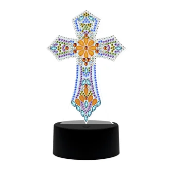 

Diamond Painting Kit With LED Night Light Cross Shape Bedside Lamp Artwork Crafts DIY Gift Table Embroidery Handmade 5D Drill