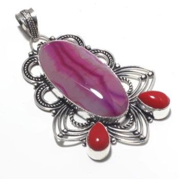 

Agates + Coral Pendant Silver Overlay over Copper , 73 mm, P7036