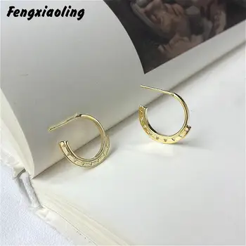 

Fengxiaoling New Fashion Jewelry 925 Sterling Silver Golden Round Stud Earrings For Women Simple Triangle Earrings Fine Jewelry