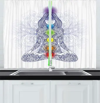 

Chakra Kitchen Curtains Meditating Woman in Lotus Pose with Chakra Spots in Body Hidden Peace Print Window Curtain for Kitchen