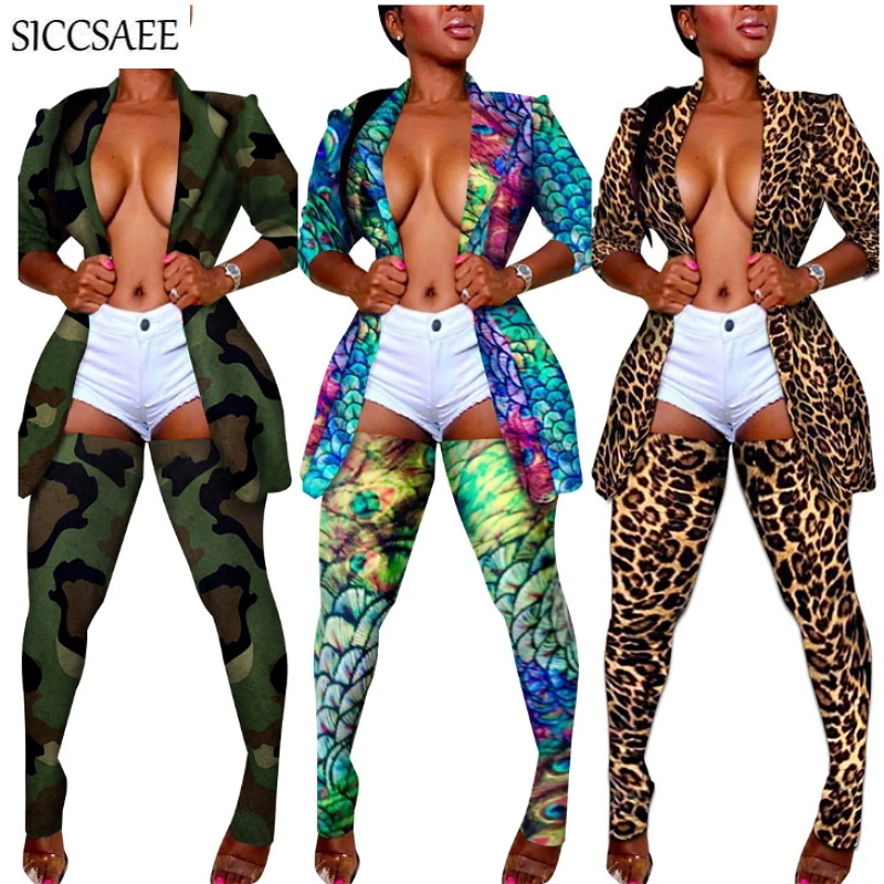 

Floral Print Matching Sets For Women Office Lady Two Piece Set Blazer Feminino Stocking Work Wear Sexy Plus Size Clothing Suits