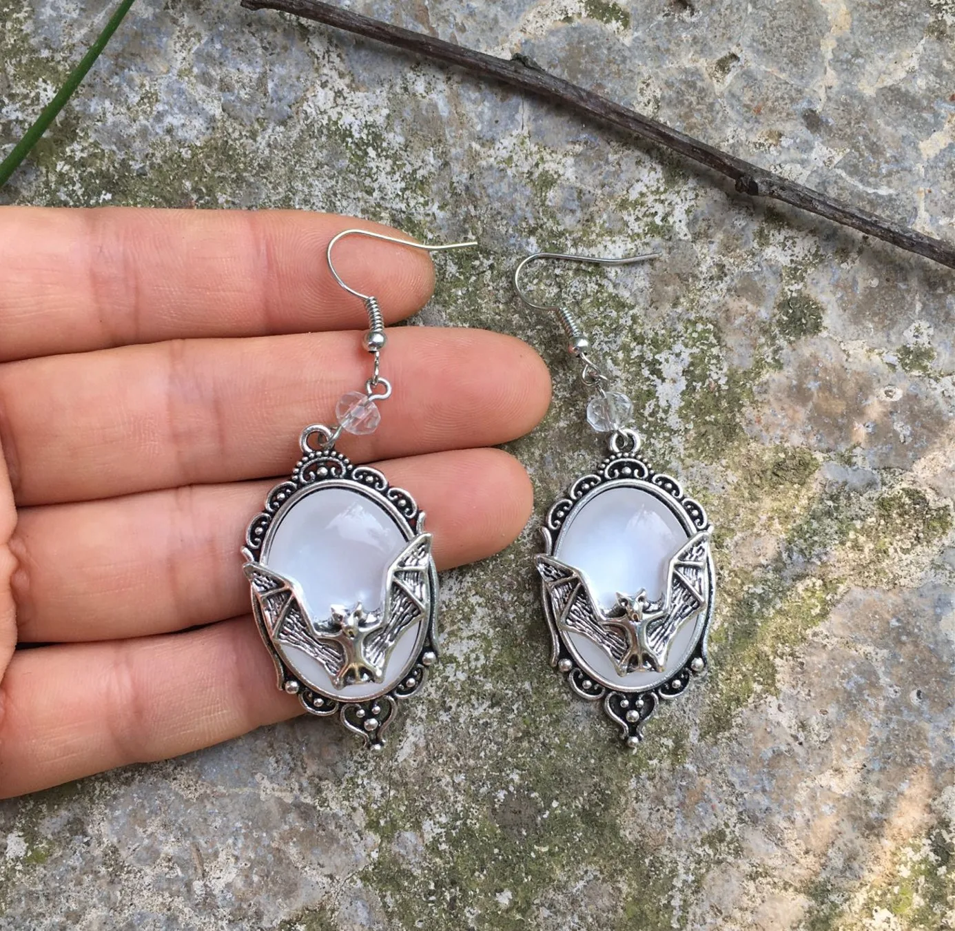 

Gothic Dangle Bat Cameo Earrings,Vampire Bat Earrings,Bat Lovers,Witches,Gothic Victorian Silver Framed Bat Cameo Earrings