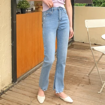 

women's summer straight tube, high waist, slim and versatile side slit thin cropped pants