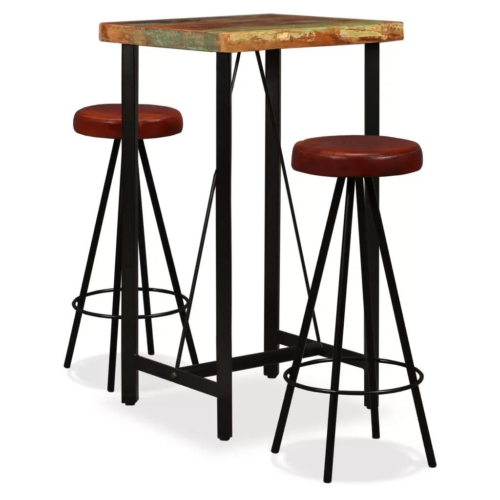 

Modern Bar Set 3pcs Recycled Solid Wood and Genuine Leather for Home Bar Restaurant Bar Stool Living Room Dining Room Furniture