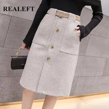 REALEFT/осенне-зимнее женское Шерстяное облегающее платье длины миди с поясом длиной до колена, пляжные юбки с карманами