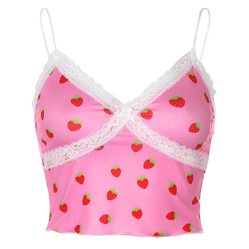 Sexy Kawaii Y2k Crop Top Sweet Spaghetti Strap Cherry Leopard Print Lace Cami Top Streetwear 90s Womens Tank Tops Canotta Donna