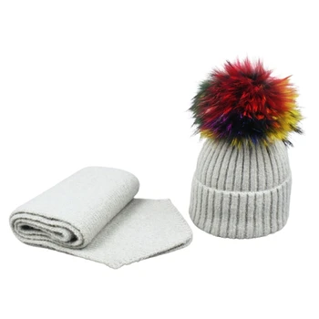 

Adult Winter Warm 2Pcs Beanie Hat Long Scarf Set Colorful Pompom Knit Skull Cap LX9E