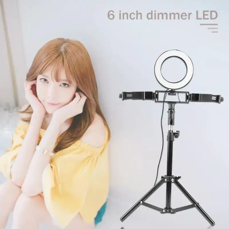 6" Dimmable Ring Light Selfie Live Stream Lighting& Adjust Stick Stand& Mirror/Phone Holder