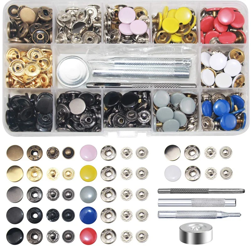 

120 Sets Metal Snap On Buttons Set Press Studs With Fixing Tools For Thin Leather Bracelet,Jacket,Jeans Repair Decoration-12.5Mm