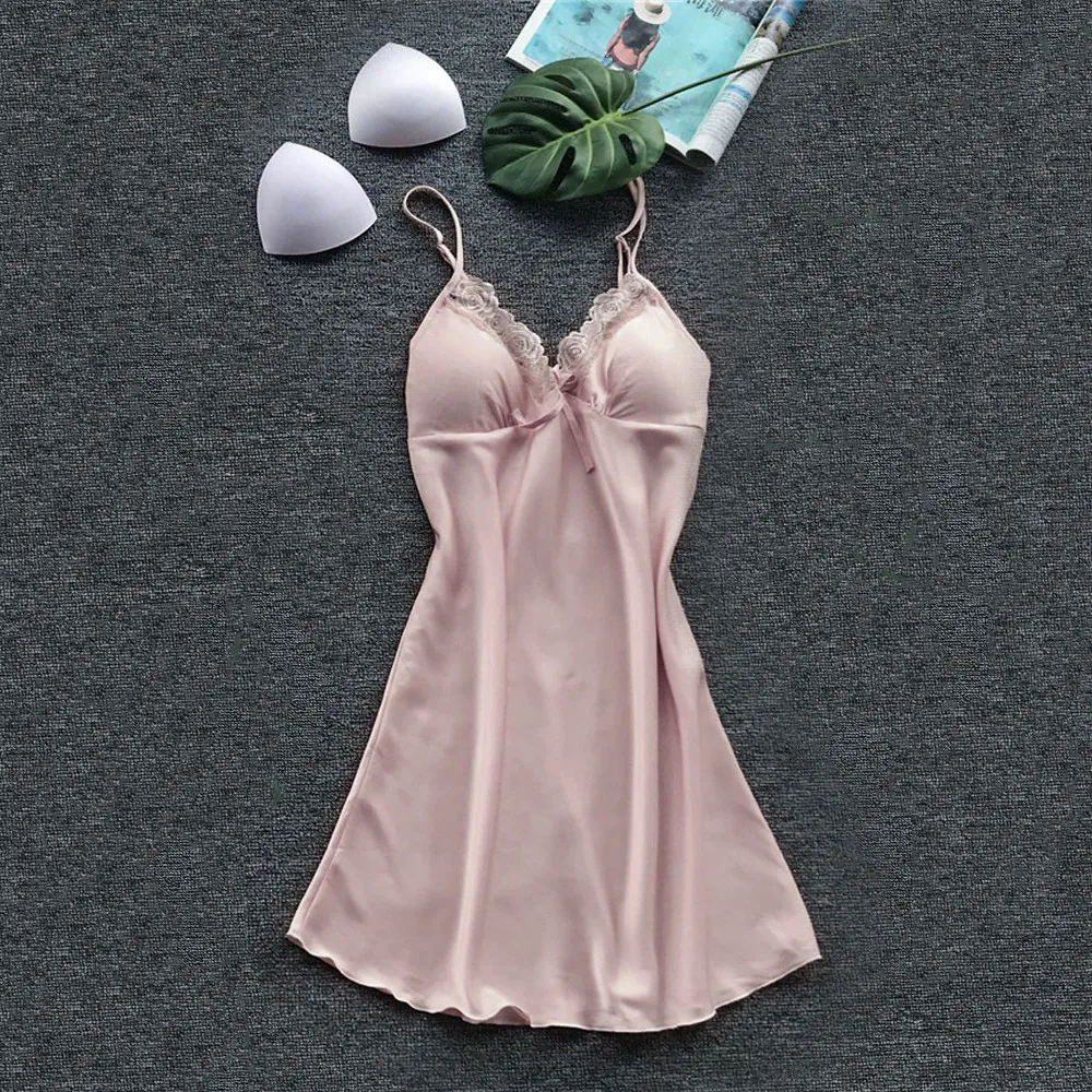 

Women Sleepwear Silk Nighty Nightdress Sexy Lingerie Nightgown Lady Off Shoulder Nightwear Female Night Home Cloth Dress *S