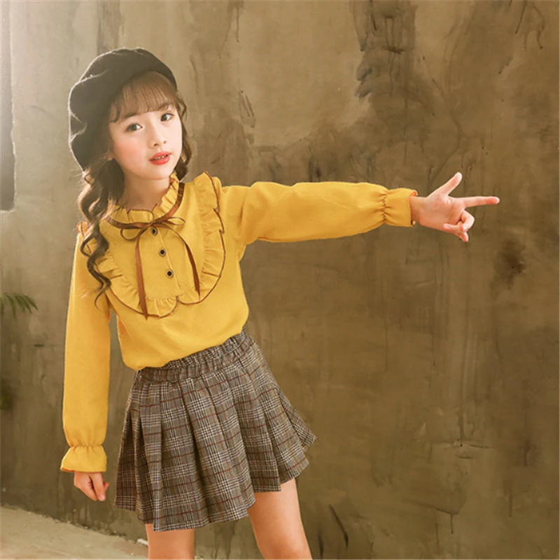 

Harajuku elegant baby ruffles cute Solid blouses Girls Clothes Children full Sleeve shirts casual cotton lacing infant top 4-14T