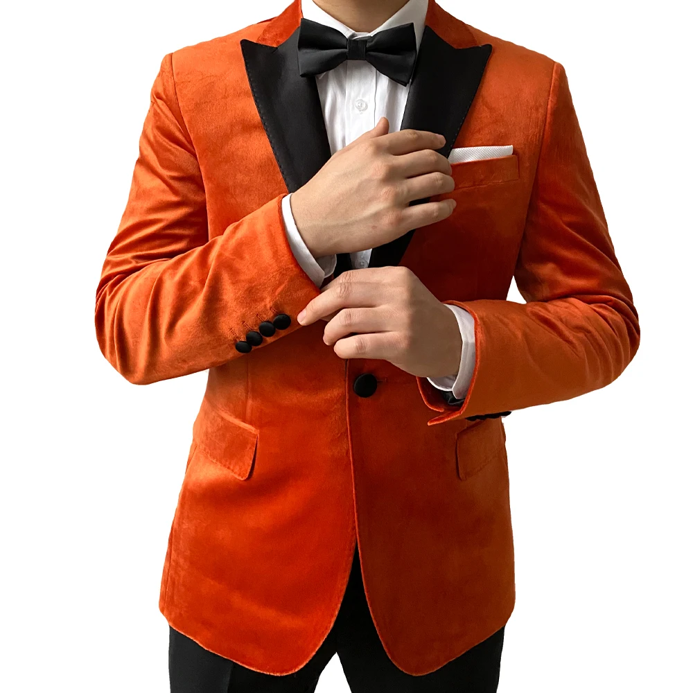 Men's Wedding Tuxedo Orange Velvet Suit Jacket Hand Made Tailored Customerd  Kingsman Style
