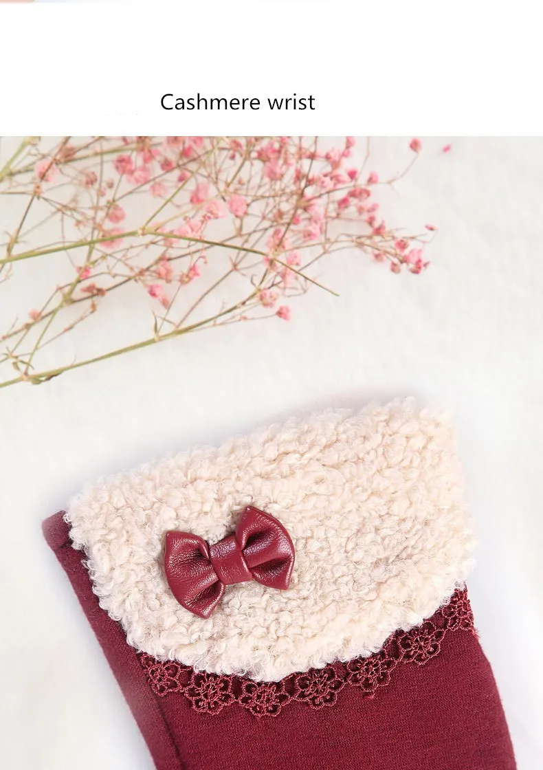 1 Pair Hot Fashion Autumn Winter Gloves For Women Suede Warm Comfortable Mittens With Bow Plus Velvet Thick Ladies Gloves