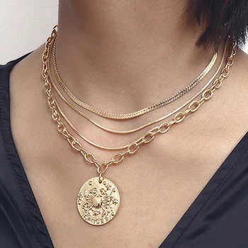 

ZHINI Multilayers Punk Gold Chains Necklace Couple Fashion Street Hip Hop Geometric Metal Pendant Necklaces for Women Jewelry