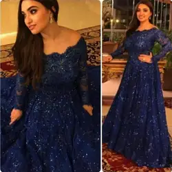 Синие 2019 мусульманские Вечерние платья трапециевидной формы с длинными рукавами аппликация кружева бисером официальный Дубай Саудовская