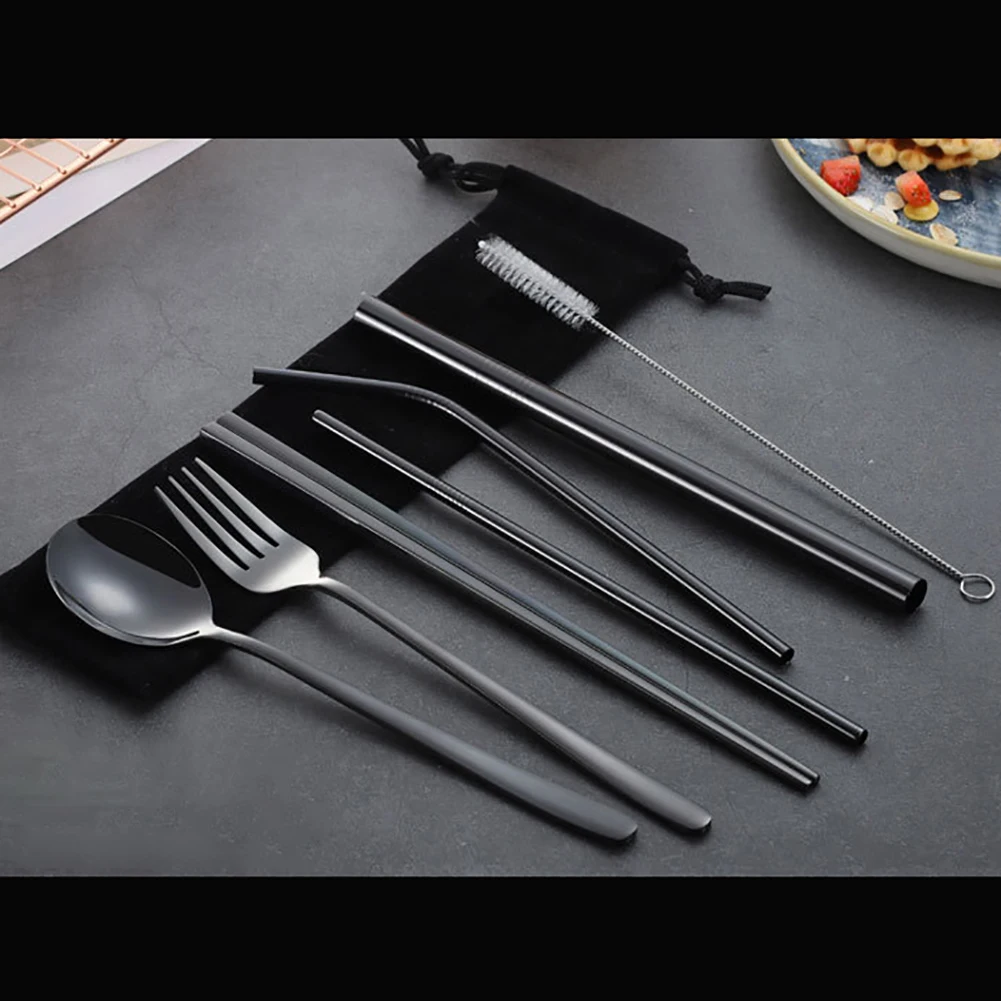 Hot 8Pcs Stainless Steel Tableware Kit Chopsticks Spoon Fork Straws Cutlery Set New