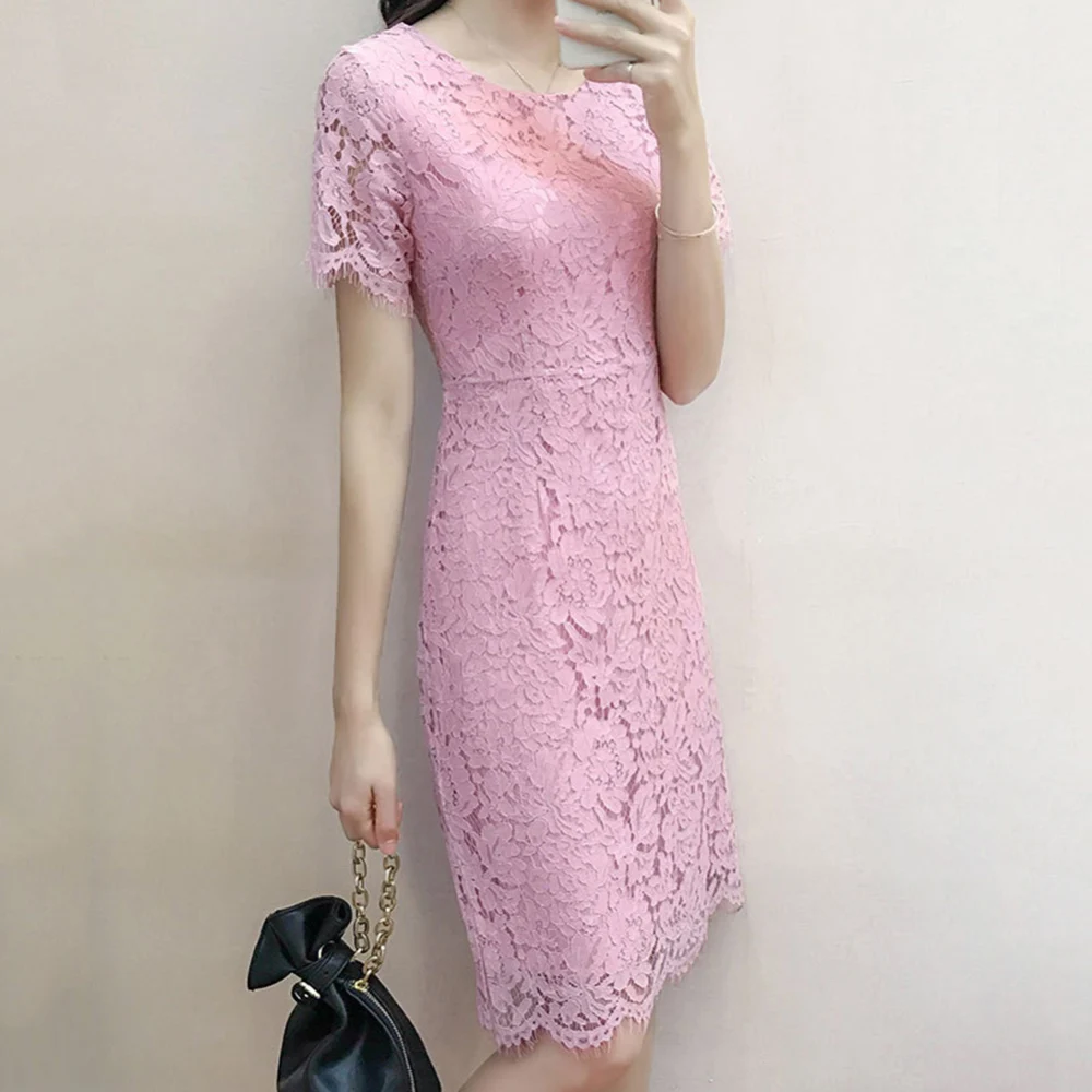 Summer Women fashion lace Dress Round Neckline Short Sleeves Crochet Lace Dress