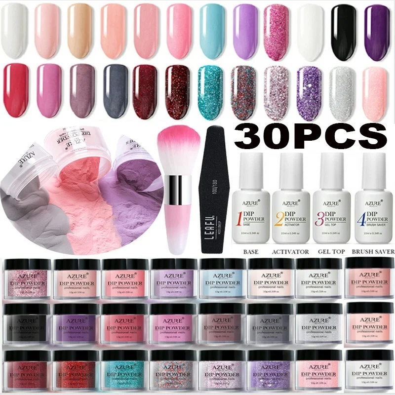 

Azure Beauty 30Pcs/Lot Sparkly Glitter Nail Dipping Powder Base Top Nail Coat Set Nail Art Brush French Design Holo Dip Powder