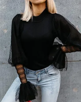 

2020 Sexy See-Through Patchwork Mesh Shirt Elegant Women Ribbed Slim Blouse Tops Autumn Flare Long Sleeve Dots Print Blusa Mujer