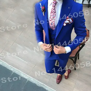 

Elegant Designs 2018 Casual Business Royal Blue Groom Suits 3 pieces Men Tuxedos Slim fit Peaked lapel Groomsman Wedding Suits