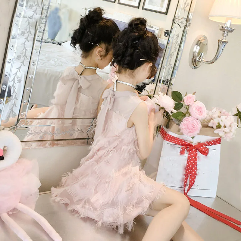Summer Girls Dress Princess Style Back Bow Feather Chiffon Mesh Teens girls dress princess costume kids clothes for 5 7 9 11 13 Years Big Children