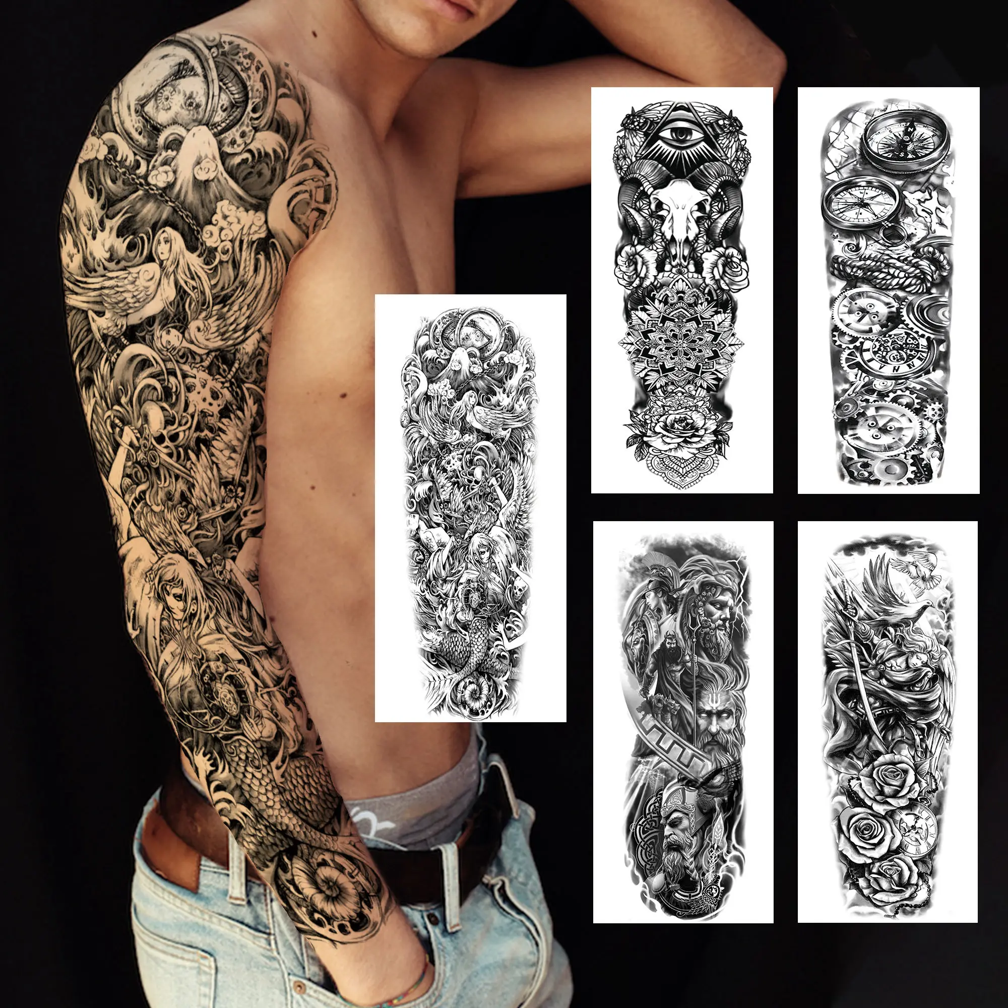 

Unique Feather Nun Temporary Tattoos Sleeve For Men Women Deer Compass Samurai Rose Dove Fake Tattoo Full Arm Tattoo Sticker Big