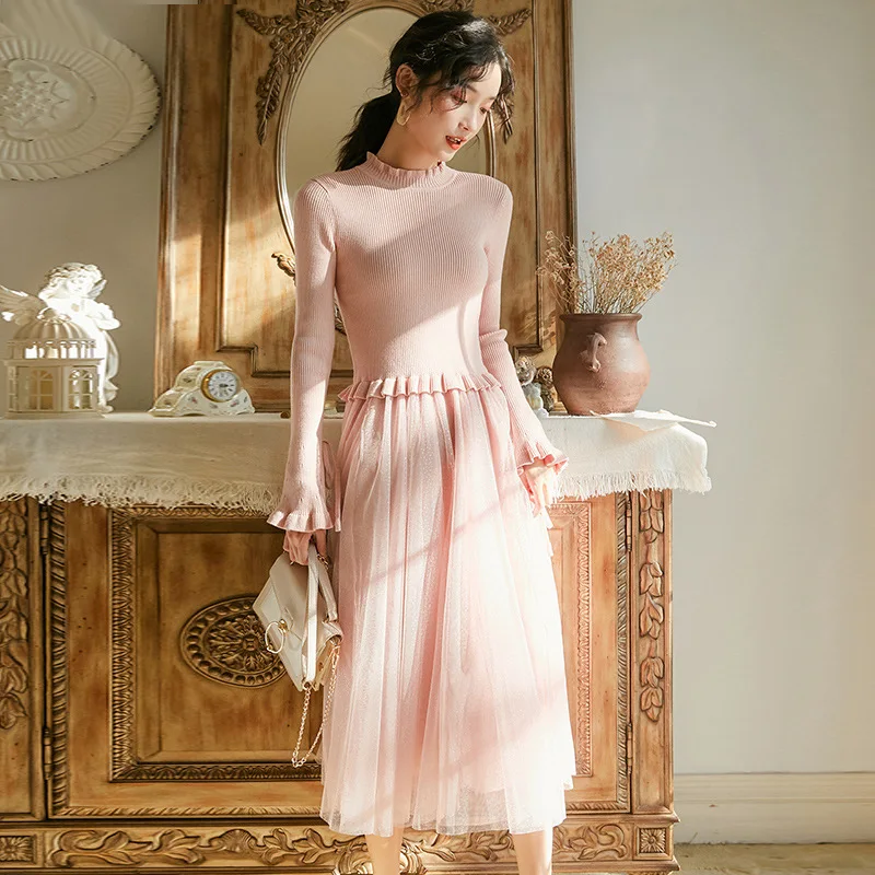 

2019 Autumn And Winter New Style New Style Elegant Long Sleeve Base with Coat Knitted Joint Gauze Big Hemline Dress Women's