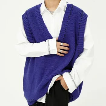 

Male Women Vintage Streetwear Hip Hop Sweaters Men Autumn New V-neck Broken Hole Pullover Sweater Sleeveless Knitted Vest