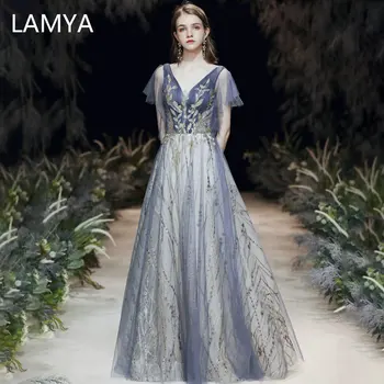 

LAMYA Luxious V Neck Long A Line Evening Gown Sequined Appliques Formal Dresses Cap Sleeve Evening Party Dress Robe De Soiree