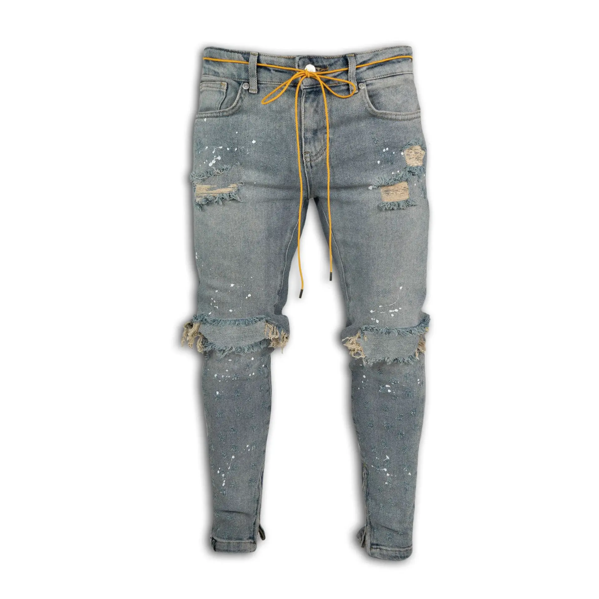 

2021 New Fashion Men's Black and Blue Ripped Jeans Street Casual Tether Slim Denim Pencil Pants Trendy Trousers S-3XL Drop ship