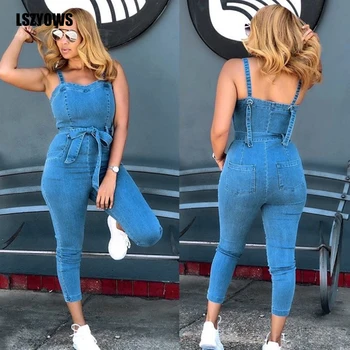 

Spaghetti Strap Sexy Denim Jumpsuit Women Romper 2020 Sleeveless Sashes Bodycon Summer Jeans Jumpsuit Female Streetwear Overalls