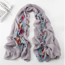 New lady Cotton Viscose Shawl Plain Embroider Floral Turban Style Pashmina Wrap Thick Sun Protection Summer Soft Shawl 180*90Cm