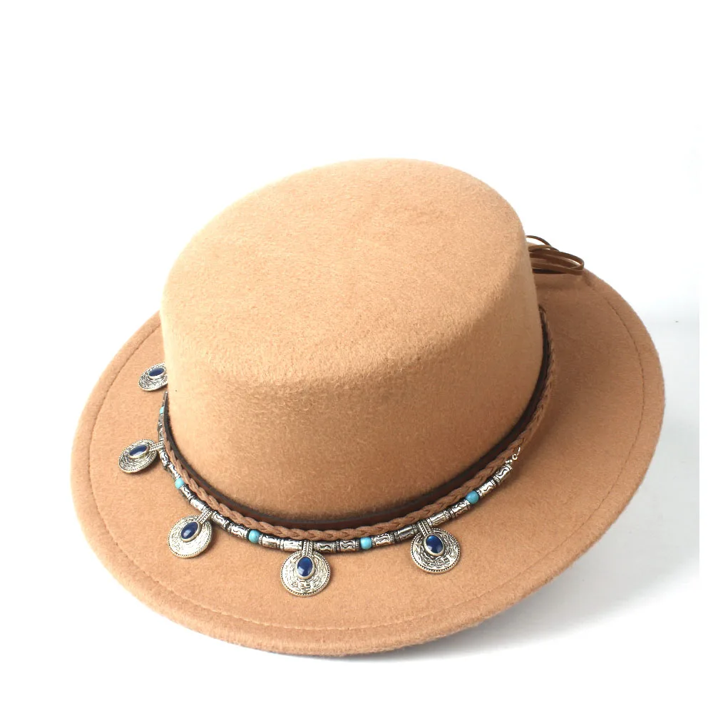 Женская модная шляпа с плоским верхом, шляпа с широкими полями, шляпа для танцевальной вечеринки, шерстяная шляпа Хомбург Трилби, размер 56-58 см - Цвет: Khaki
