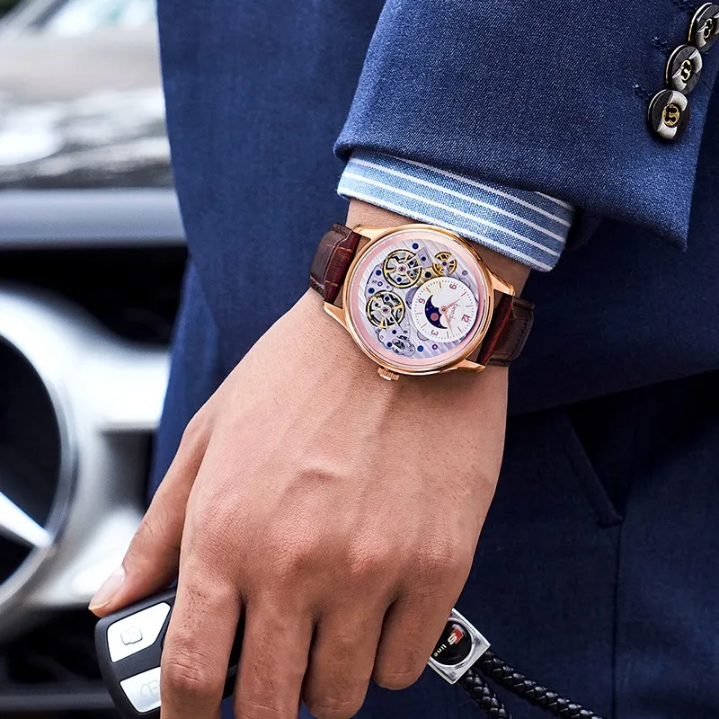 Bestdon Мужские автоматические механические часы с двойным Tourbillon, водонепроницаемые швейцарские часы со скелетом, мужские роскошные Брендовые Часы 7164